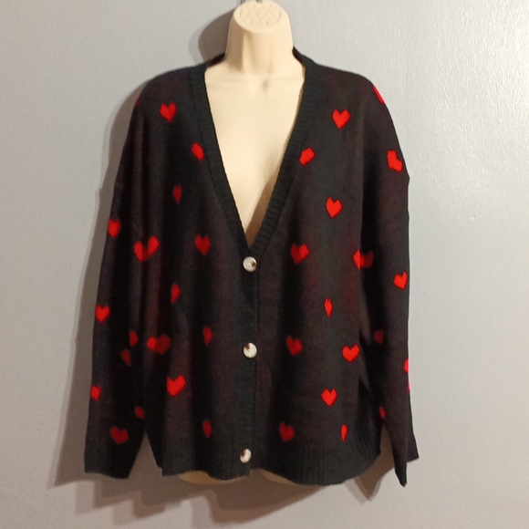 Shein Plus black with red ♥️ heart pattern drop shoulder duster cardigan 3xl - Picture 9 of 17